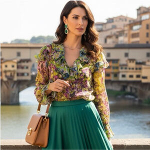 Roberto Cavalli Floral Silk Ruffle Trim Blouse Size 44 Made in Italy